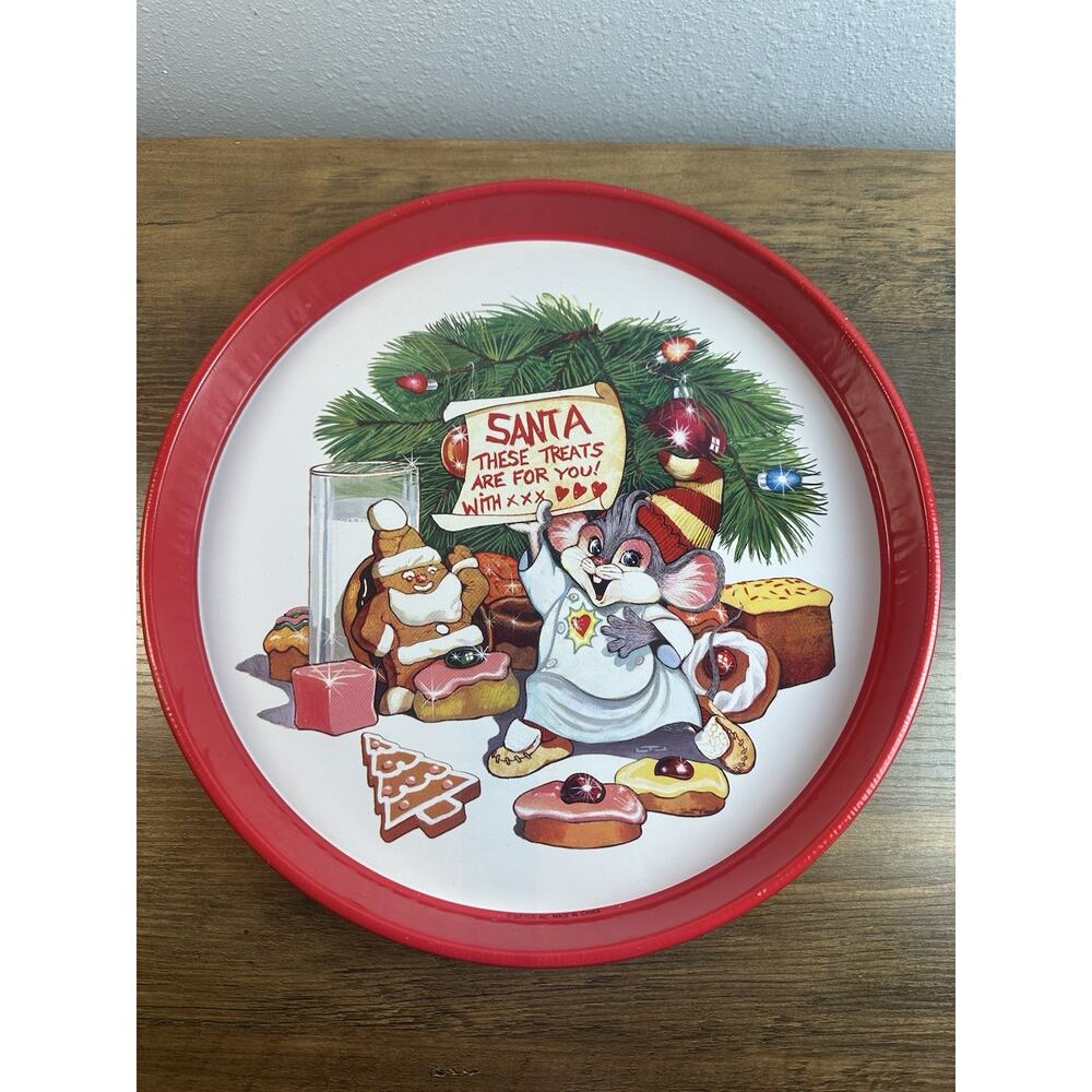 Vintage Christmas Cookie Tray Mouse Santa Treats Giftco Red Tin Plate
